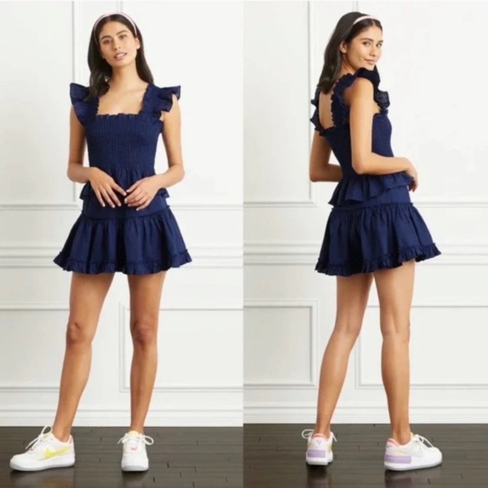 Hill House Paz linen ruffle mini skirt navy, XS